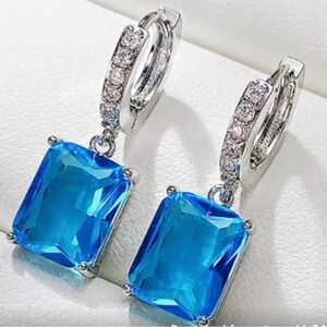 Silver with Huggie Emerald Cut Blue Drop (1 1/4) Earrings - New